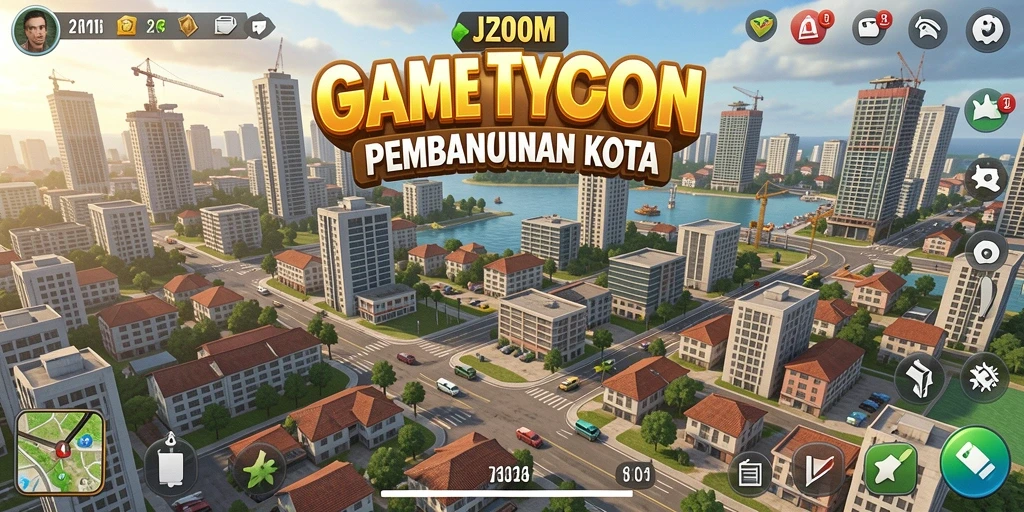 Screenshot gameplay J200M dengan bangunan detail.