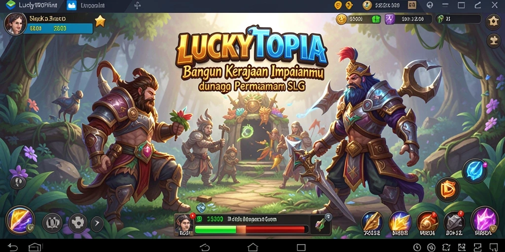 Tampilan gameplay menarik dari LUCKYTOPIA dengan berbagai aktivitas strategis.