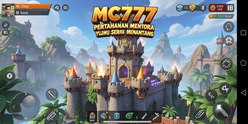 Tampilan gameplay dari MC777 yang menampilkan menara dan musuh.